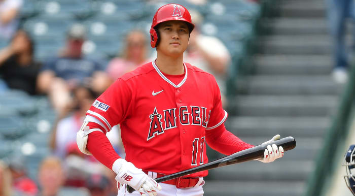 Angels hitter Shohei Ohtani holds his bat